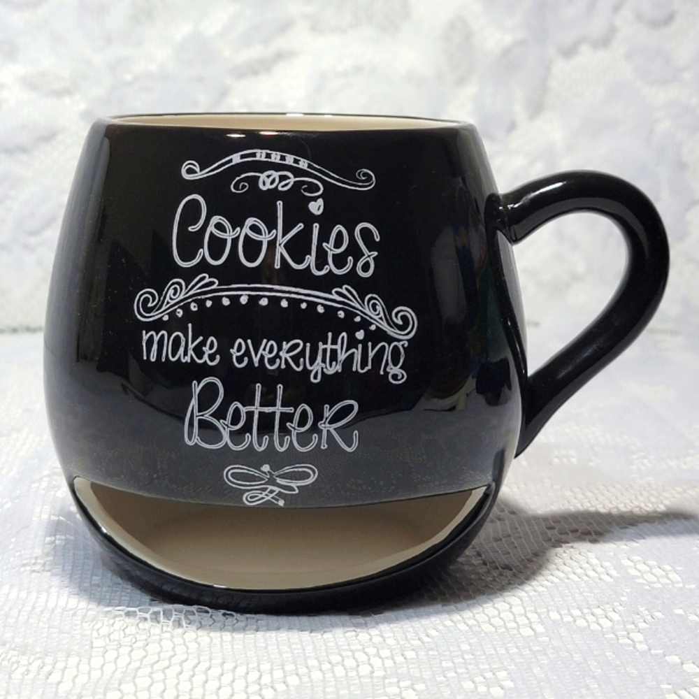 Vintage Black Ceramic Mug with Cookie Holder "Cookies Makes Everything Better"